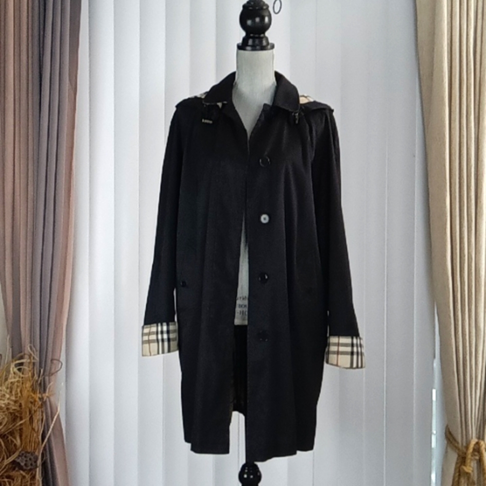 Burberry Black Trench Coat with Beige Check Trim